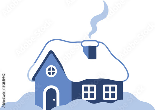 Cozy blue winter house with snow-covered roof and chimney smoke on seasonal illustration isolated on white background