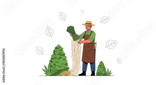 Dedicated farmer holding freshly harvested leeks in verdant garden environment illustration