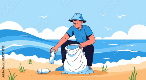 Dedicated volunteer cleaning up the ocean beach, collecting plastic waste and bottles for a