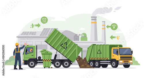Depiction of a recycling process with trucks delivering waste to a power generation facility