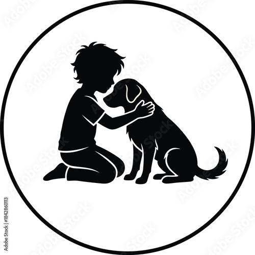 Child and dog bonding silhouette illustration, black circular affectionate pose graphic, pet companionship and emotional connection concept icon