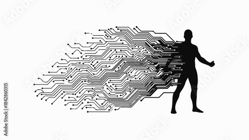 Human form dissolving into digital circuits, representing technology's impact on identity.