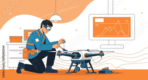 Drone technician carefully inspecting and repairing a drone in a modern workspace setting