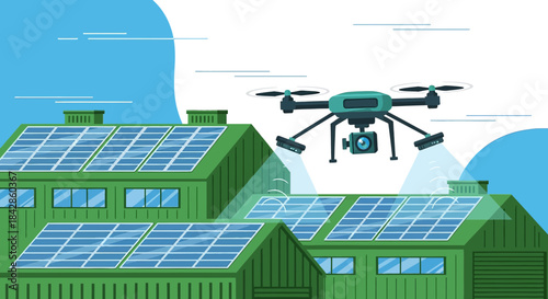 Drone inspects green energy infrastructure panels atop industrial buildings for sustainability