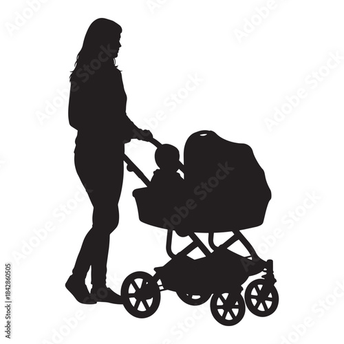 Mother Pushing Double Stroller with Children Silhouette