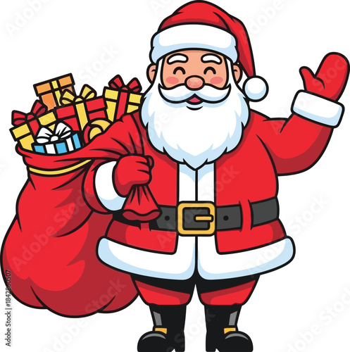 Cheerful santa claus with a gift bag waving hello a classic christmas character spreading holiday cheer and festive spirit with a joyful expression isolated on white background