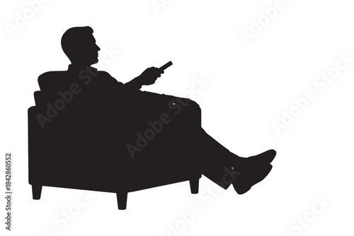 Man Sitting on Armchair Watching TV with Remote Control Silhouette