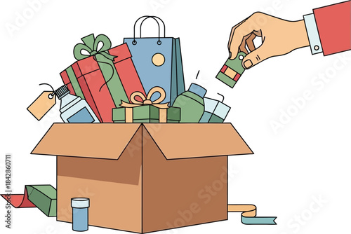 Creative cartoon box overflowing with various gifts presents festive items and hand reaching for one item from above isolated on white background
