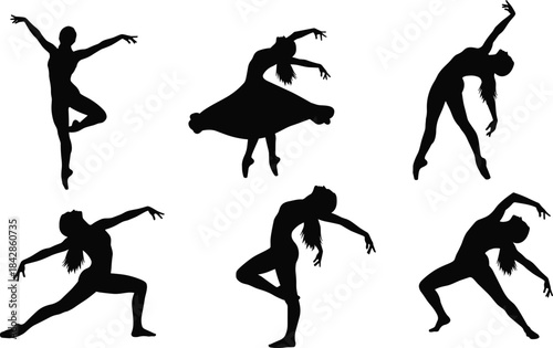 Expressive dance silhouette set, black graceful movement and emotional posture illustration, diverse dancer figure icons and performance concept graphic