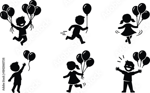 Children with balloons silhouette set, black playful and joyful activity illustration, celebration and carefree movement concept graphic
