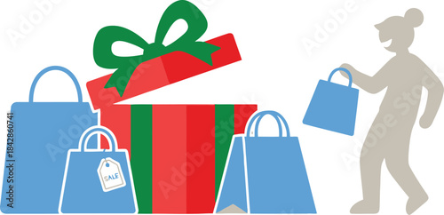 Festive shopping scene with gift box and bags person holding shopping bag conveying holiday cheer and celebration isolated on white background