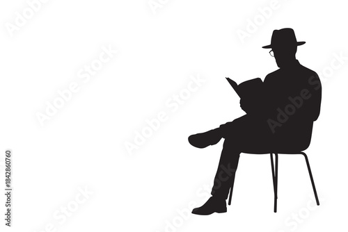 Elegant Man in Hat and Glasses Reading Book on Chair Silhouette