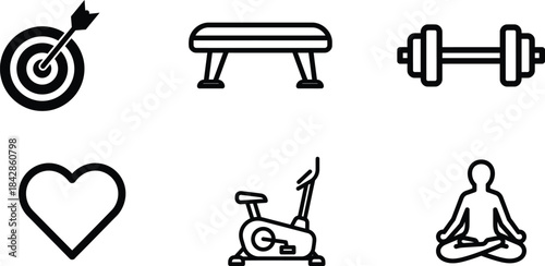 Comprehensive collection of essential fitness and health related line art icons representing workout equipment and wellness concepts
