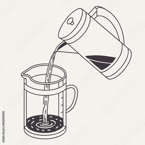 A minimalist line art illustration depicting hot water being poured from a kettle into a french press coffee maker with grounds at the bottom