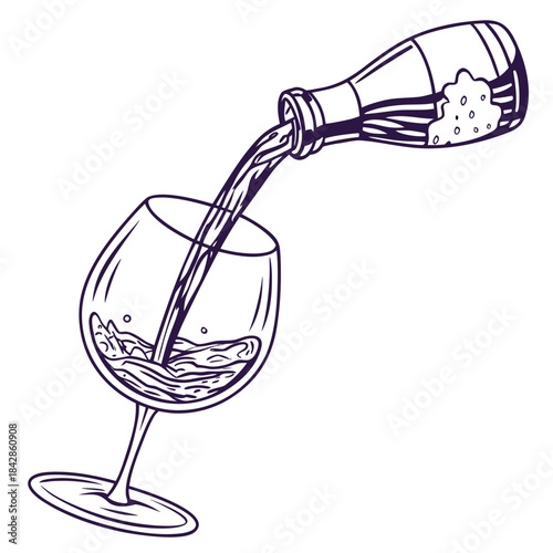 Hand drawn illustration of dark purple outline of a bottle pouring liquid into a wine glass with splashes and bubbles on a white background