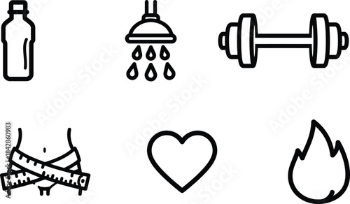 Comprehensive collection of essential health and fitness lifestyle line icons featuring hydration shower weightlifting body measurement heart and energy symbols