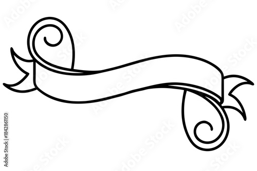 Elegant black line art ribbon banner with scroll details