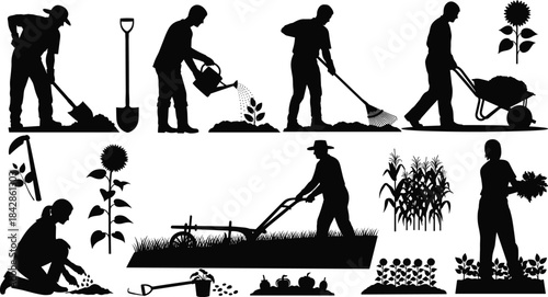 Gardening activity and plant growth silhouette set, black agriculture labor and cultivation cycle illustration, tool use and harvest concept graphic