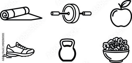 Comprehensive collection of health and fitness line art icons representing a balanced and active lifestyle