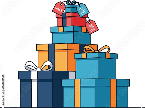 Stacked colorful gift boxes with ribbons and bows for celebrations and holidays providing festive surprise and joyful occasion isolated on white background