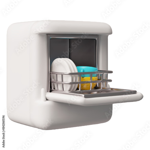 Open dishwasher with clean kitchenware 3D cartoon vector icon, kitchen household equipment, electronic home appliance