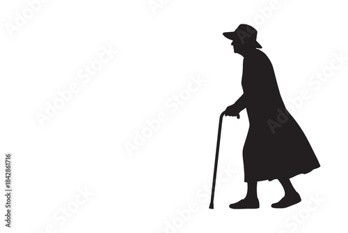 Senior Elderly Woman Walking with Cane Silhouette
