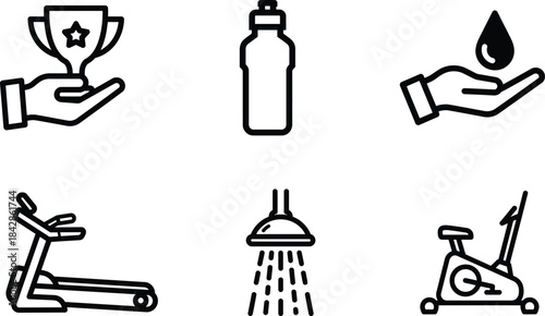 Comprehensive collection of outline icons representing various fitness wellness and healthy lifestyle elements for modern design needs