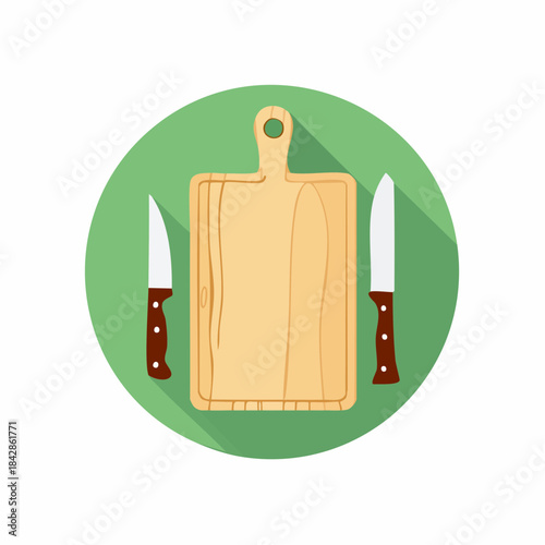 Wooden cutting board with two knives in a flat design, ready for food preparation or kitchen tasks