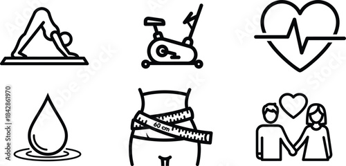 Comprehensive outline icons representing various aspects of health fitness wellness and loving relationships on transparent background