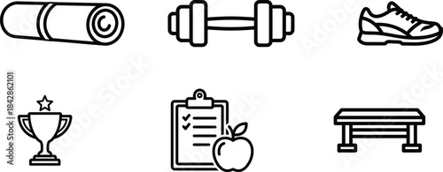 Comprehensive set of fitness workout and healthy lifestyle line icons including gym equipment sports gear and diet planning tools