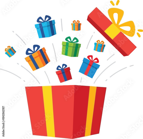 Colorful gift boxes exploding from open red present container celebrating holidays and special occasions with joyful festive celebration isolated on white background