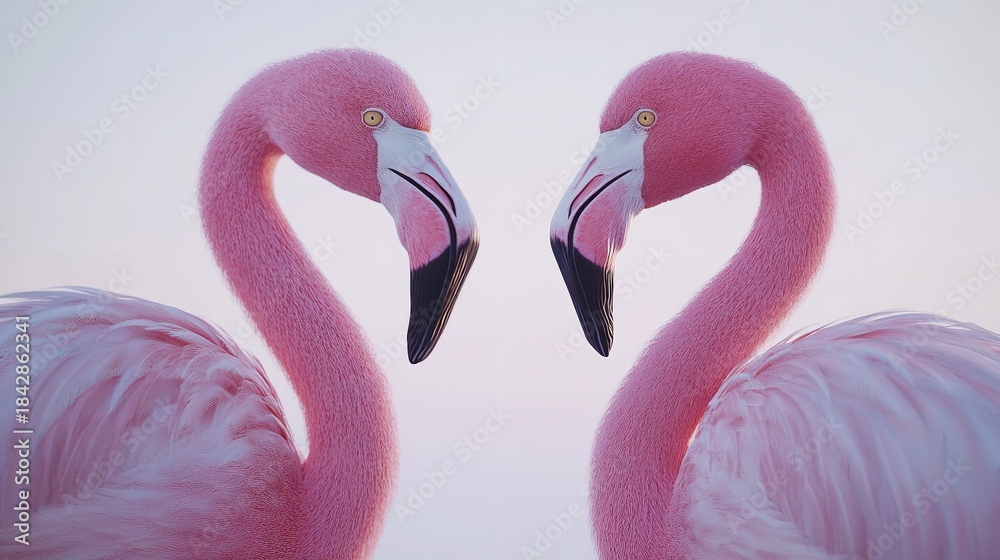 Naklejka premium Two Pink Flamingos Facing Each Other in Heart Shape Formation