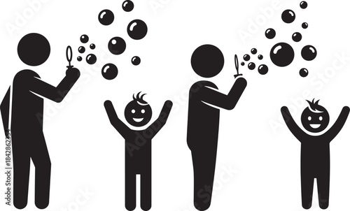 Two adults and two children blowing bubbles together outdoors