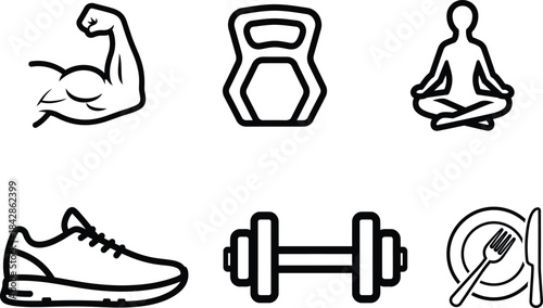 Healthy lifestyle and fitness activity black outline icons depicting exercise nutrition and mental wellness symbols for active living