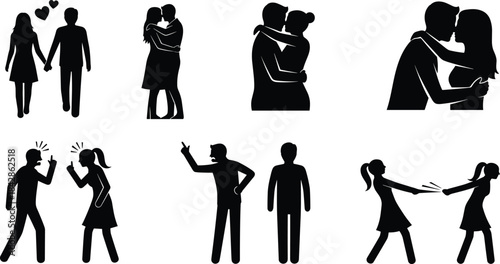 Relationship dynamics silhouette set, black romantic and conflict interaction icons, emotional expression and human connection concept illustration