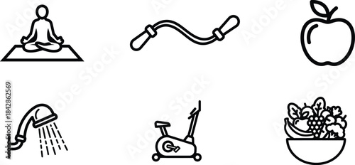 Healthy lifestyle and wellness icons collection featuring yoga jump rope apple shower exercise bike and fresh fruit salad