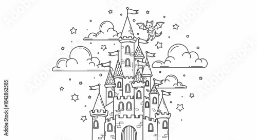 Magical Cartoon Fantasy Castle with Dragon and Clouds, Fairytale Scene, isolated white background