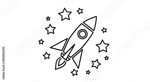 Cartoon Rocket Flying Through Space with Stars, Sci-Fi Adventure, isolated white background