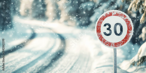 European white circular sign with red border and black number 30 on the snowy road. Winter driving safety concept.