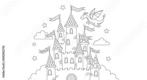 Magical Fairytale Castle with Flying Dragon on a Cloud Background