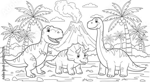 Group of Dinosaurs in a Prehistoric Landscape with Volcano and Palm Trees