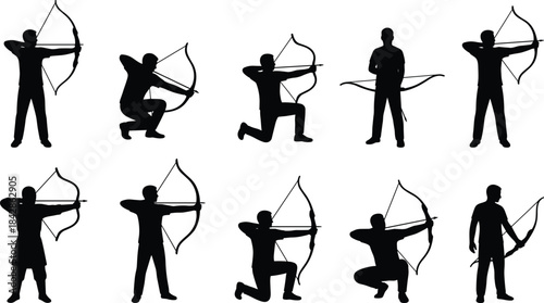 Set of Archer Silhouettes Shooting Bow and Arrow in Different Standing and Kneeling Poses Vector Illustration.