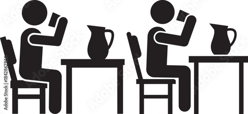 Two silhouetted figures sitting at tables drinking from pitchers