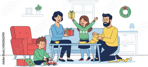 Joyful family celebrating together in a cozy living room embracing the spirit of togetherness and festive merriment isolated on white background