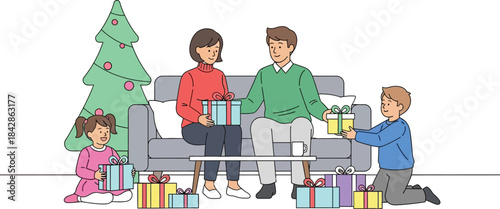 Happy family exchanging gifts near decorated christmas tree and wrapped presents celebrating festive holiday season together indoors isolated on white background