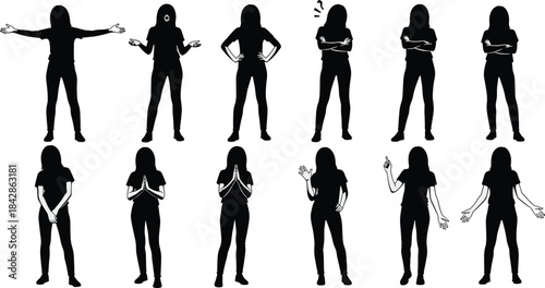 Body language silhouette set, black expressive posture and gesture icons, emotional stance and non-verbal communication concept illustration