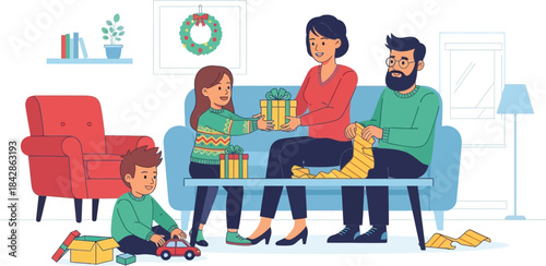 Happy family together enjoying quality time relaxing on sofa and floor in bright living room home life scene isolated on white background