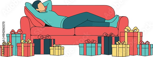 Person relaxing on red couch surrounded by numerous colorful gift boxes festive holiday season celebration mood isolated on white background
