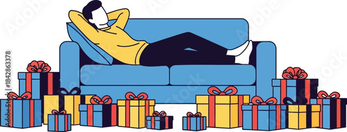 Relaxing person on blue sofa surrounded by colorful gift boxes engaging with laptop computer entertainment and leisure isolated on white background