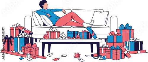 Relaxed man resting on sofa surrounded by many colorful gift boxes and shopping bags after holiday season isolated on white background